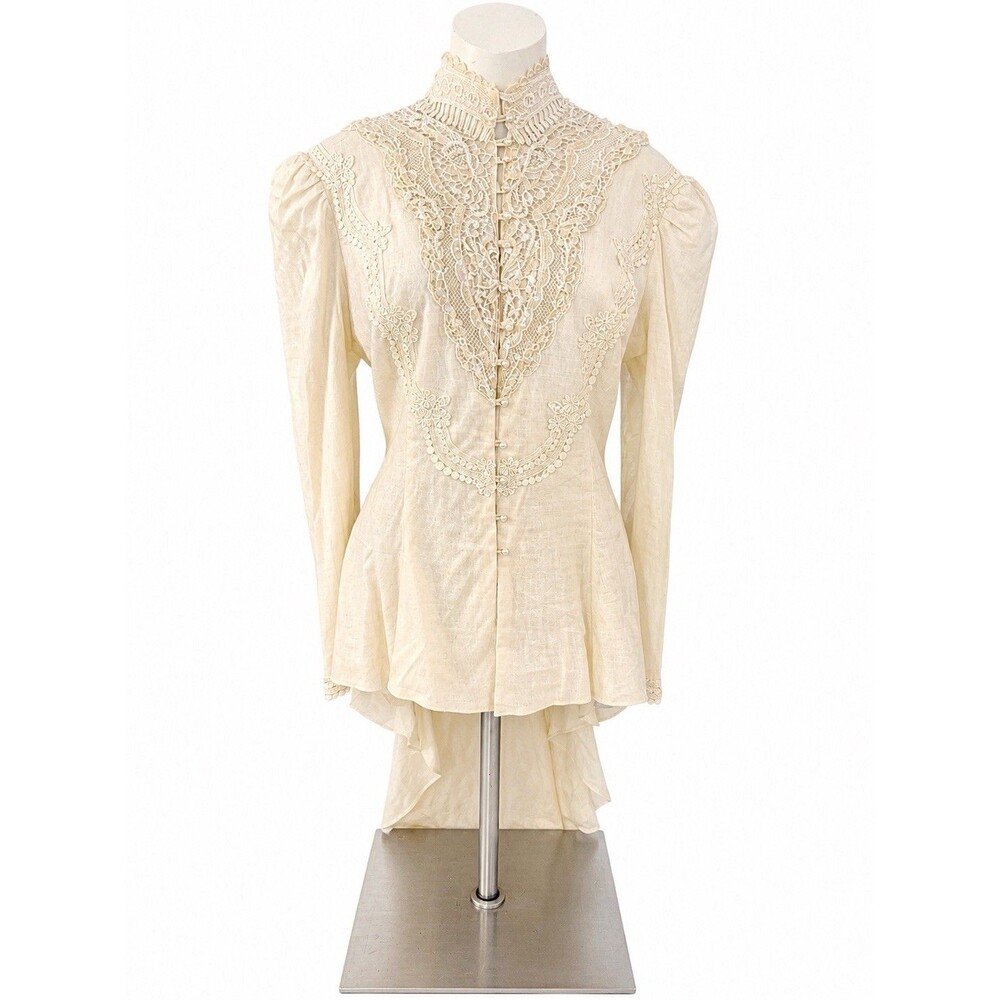 Vtg Jessica McClintock 100% Linen Victorian Lace Prairie Top High Low Sz 12